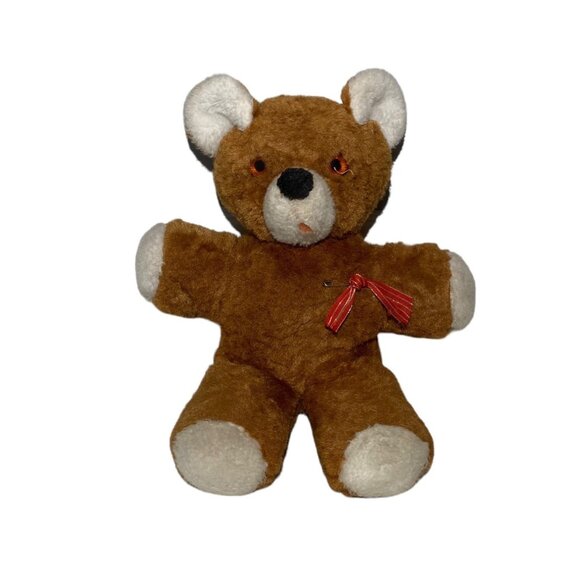 Toys | Vintage Brown Teddy Bear Plush Toy With Red Bow | Poshmark